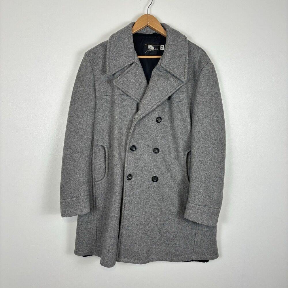 VTG 70s JC Penney Gray Peacoat Double Breasted Menswear Overcoat Wide Lapel 44